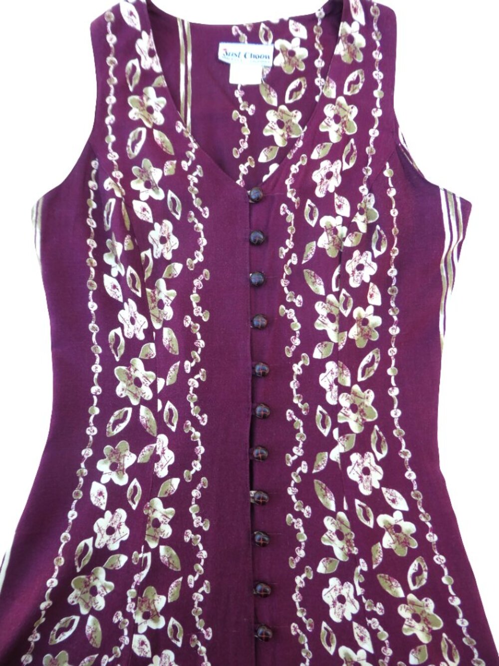 Vintage USA 70s Burgundy Hawaiian Floral Midi Tank Dress Full Button Front Tie - Picture 5 of 8